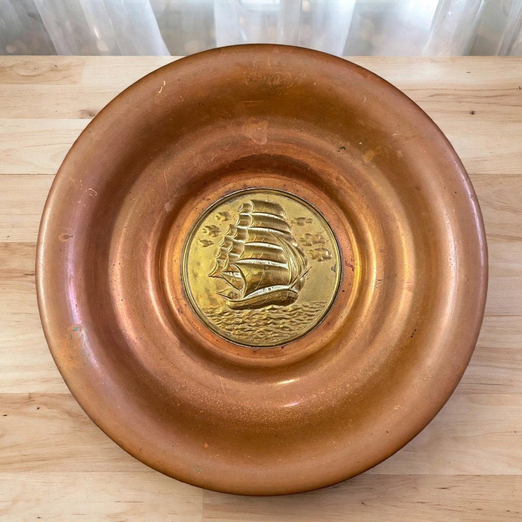 Vintage koperen schaal 27,5cm - zeilschip - brocante - 50s, Ophalen of Verzenden