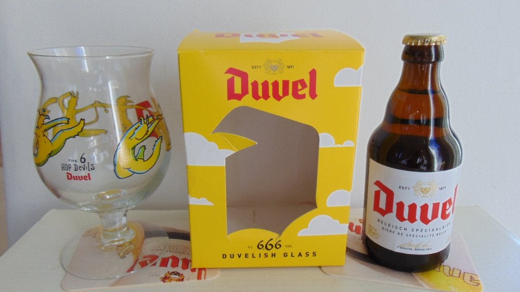 Duvel 6 Hop Devils glas met flesje en viltjes, Ophalen of Verzenden, Zo goed als nieuw, Glas of Glazen, Duvel