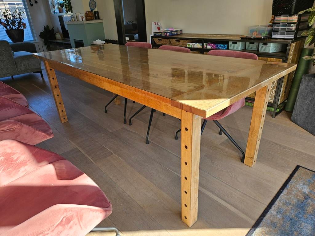 Unieke massief eiken eettafel (ex-kerkbank) 93x218cm, Gebruikt, Eikenhout, 200 cm of meer, Vijf personen of meer