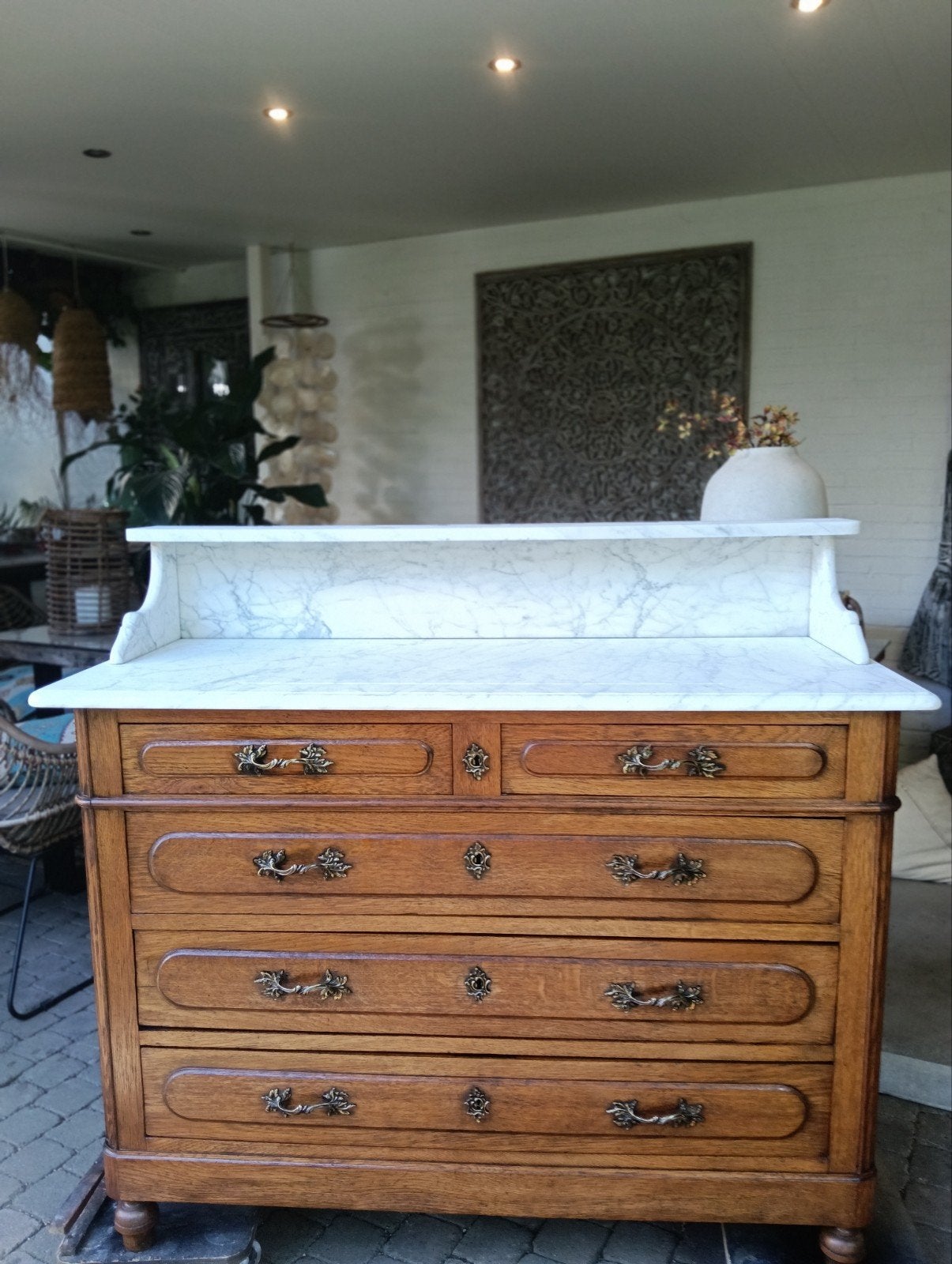 Antieke ladenkast marmer blad spiegel commode badkamermeubel, Ophalen, 100 tot 150 cm, 3 of 4 laden, Minder dan 100 cm