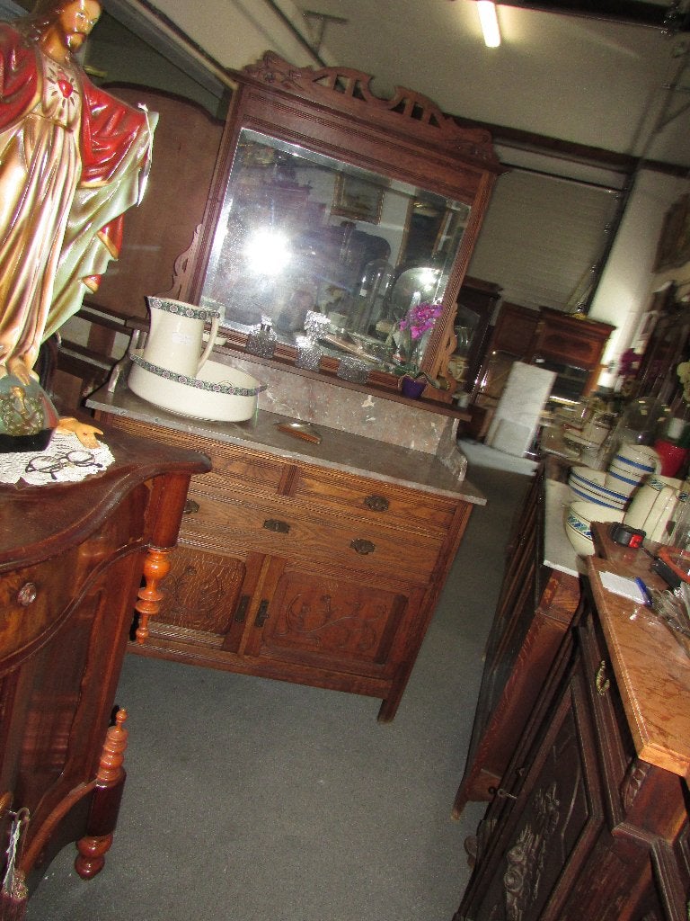 antiek art nouveau eiken commode kaptafel bruin marmer blad, Antiek eiken commode, 100 tot 150 cm, 200 cm of meer, Ophalen of Verzenden