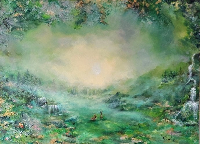 Kunsthandel Gennep - "Twee Haasjes In De Ochtendnevel", Ophalen of Verzenden, Gesigneerd, Acrylverf