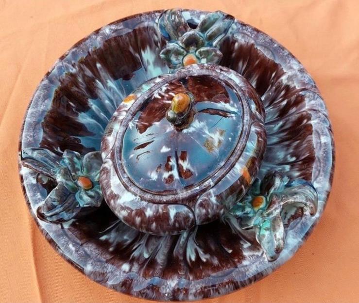 Set bruinkleurige pot met deksel en bijhorend schaal, Antiek en Kunst, Ophalen of Verzenden