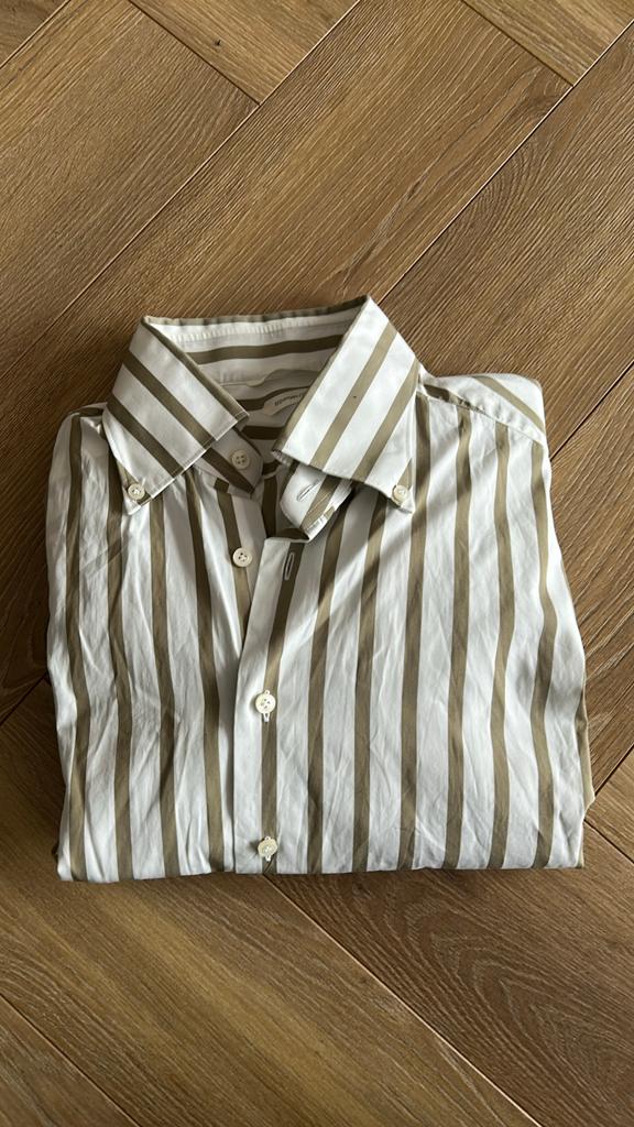 Suitsupply bruin-wit gestreept overhemd maat XS, Kleding | Heren, Overhemden, Ophalen of Verzenden, Zo goed als nieuw, Beige, Halswijdte 38 (S) of kleiner