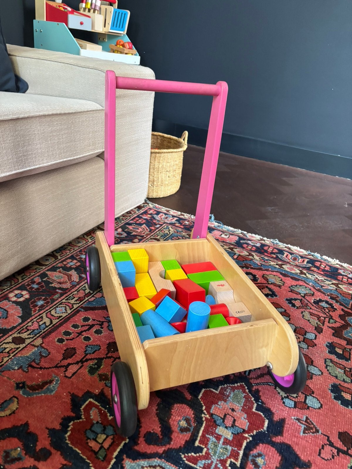 HABA blokkenwagen | hout | roze | incl blokken, Kinderen en Baby's, Speelgoed | Houten speelgoed, Ophalen, Gebruikt