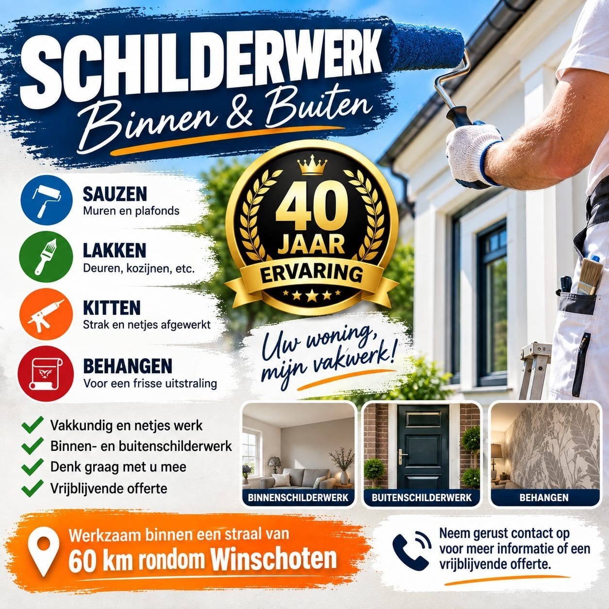 🎨 Ervaren schilder | 40 jaar vakervaring | Binnen & buiten