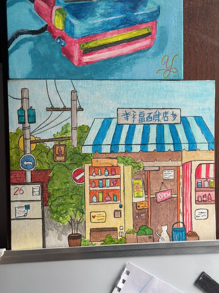 Japanse stijl schilderij, Antiek en Kunst, Handgeschilderd, Gemengde techniek, Stripfiguren/cartoons, Verzenden