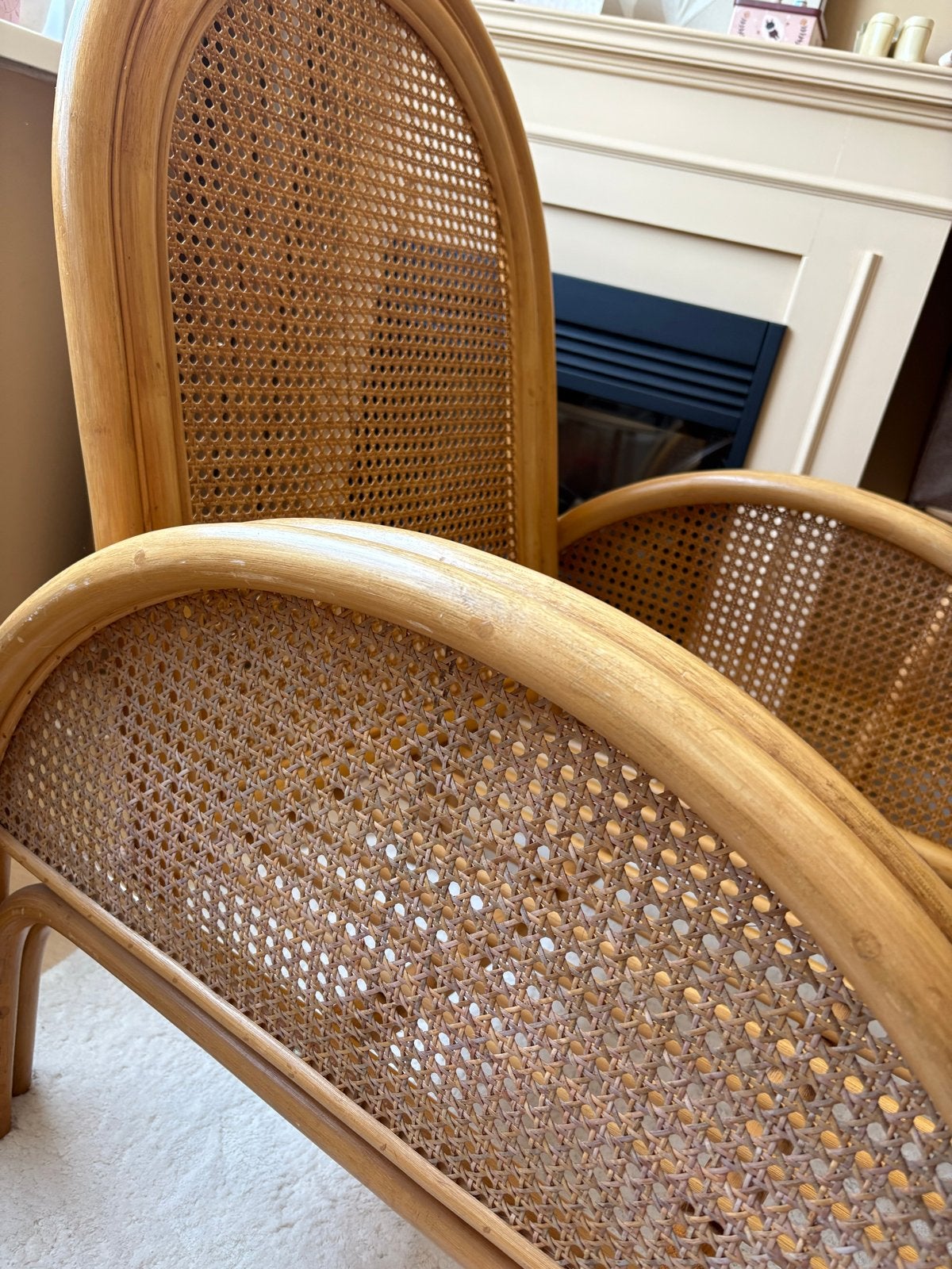 Vintage rotan stoel met webbing, Ophalen, Gebruikt, Bruin, Riet of Rotan