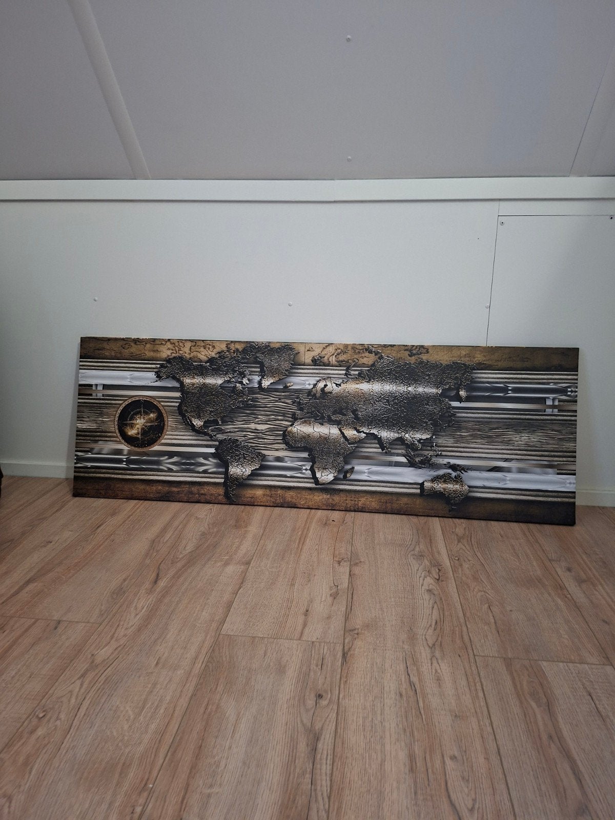 Wereldkaart op linnen 150x50 cm - Unieke wanddecoratie, 50 – 75, 125 cm of meer, Ophalen of Verzenden, Print