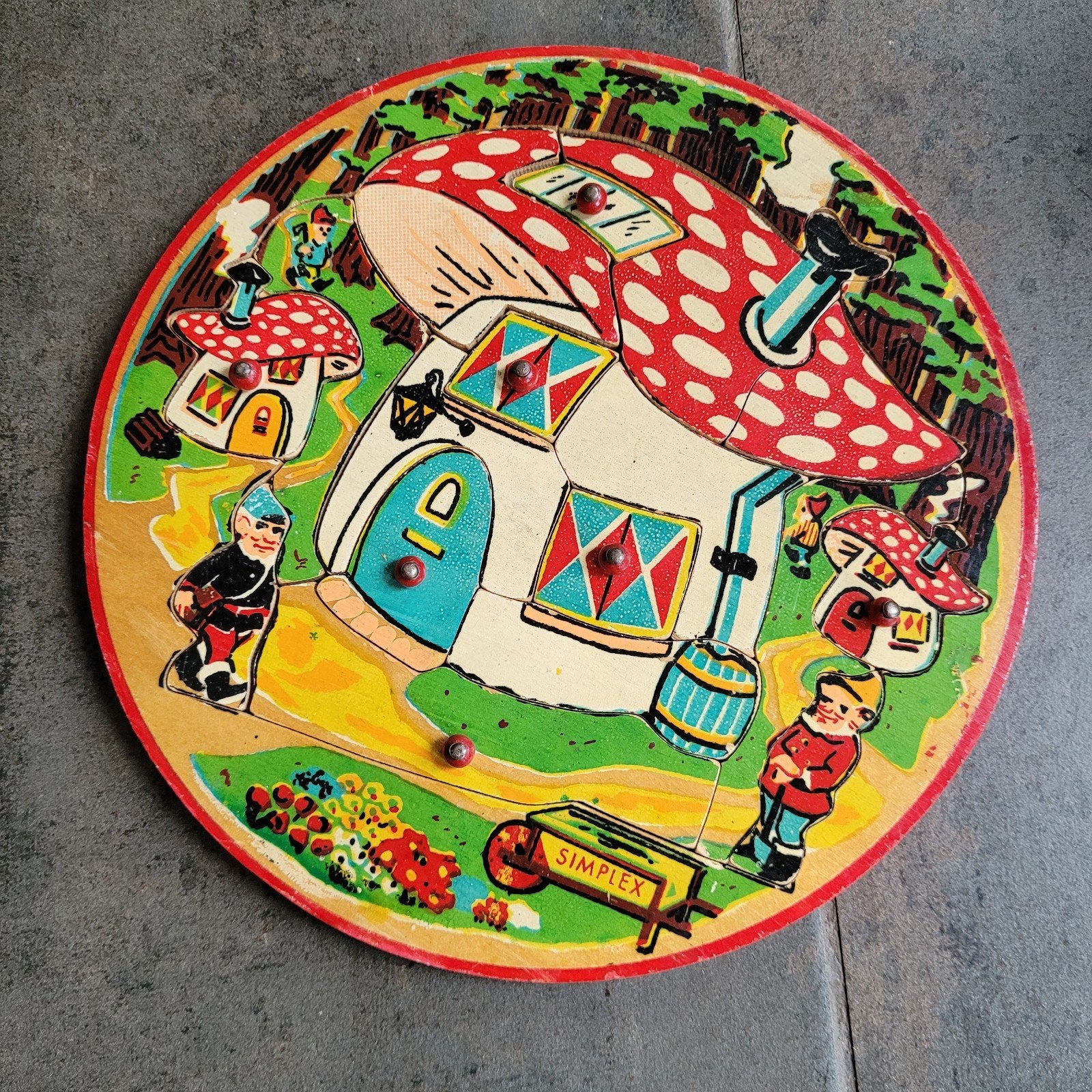 Vintage Simplex houten paddenstoel puzzel kabouterbos, 2 tot 4 jaar, Ophalen of Verzenden, Zo goed als nieuw, Van hout
