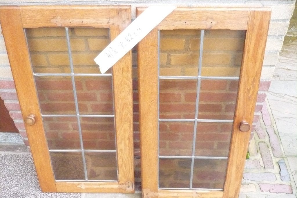 te koop 2 eiken deurtjes  met glas inlood   en een lijst, Glas, Gebruikt, Minder dan 100 cm, 25 tot 50 cm