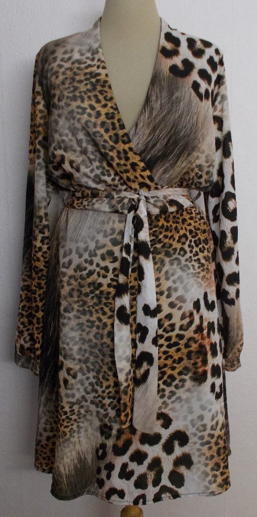 Mooi tijger print vast model (geen wikkel) jurk! L, Kleding | Dames, Jurken, Bruin, Verzenden, Maat 42/44 (L), Zo goed als nieuw
