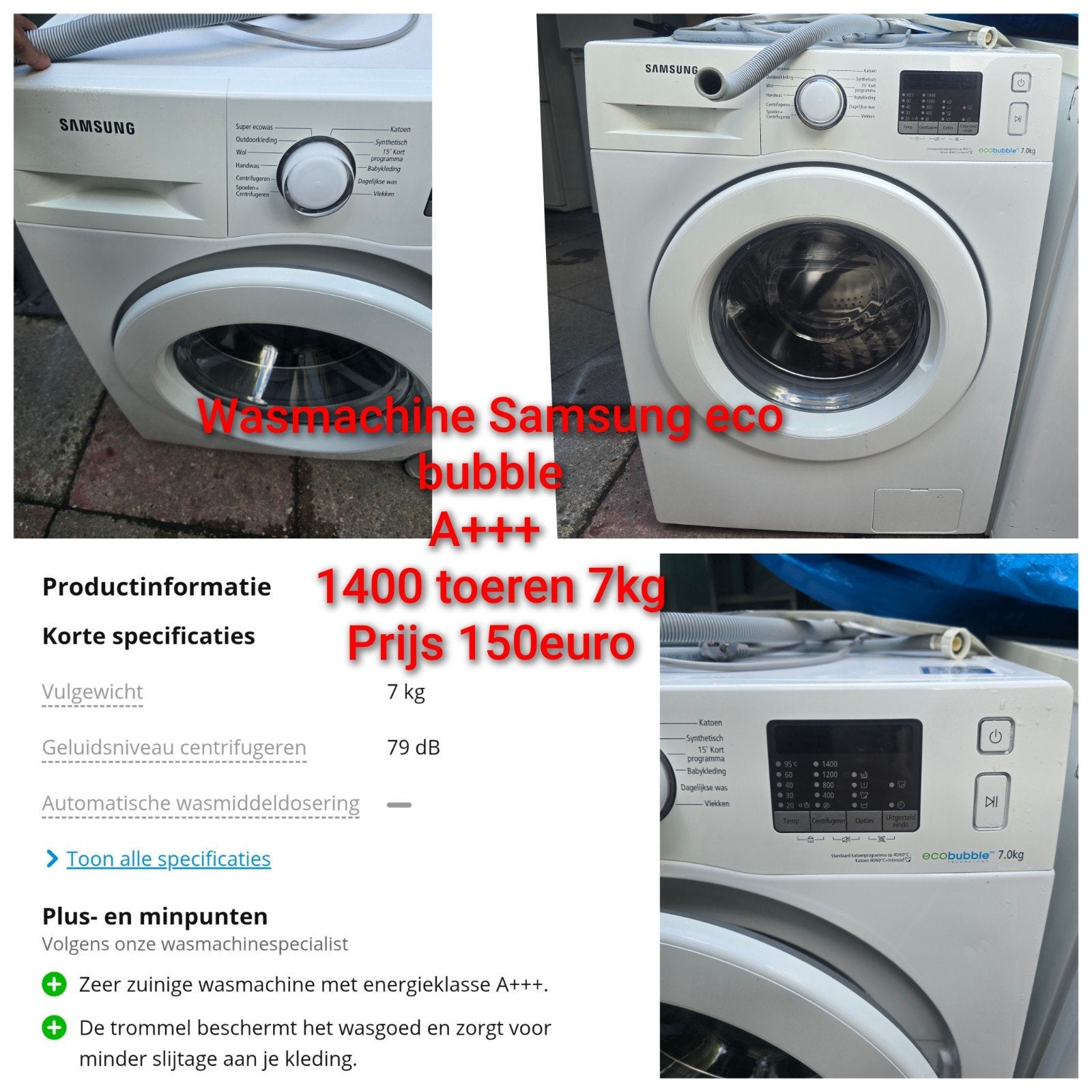 Zeer zuinige wasmachine Samsung eco bubbles 8kg, 6 tot 8 kg, Ophalen, 1200 tot 1600 toeren, 85 tot 90 cm