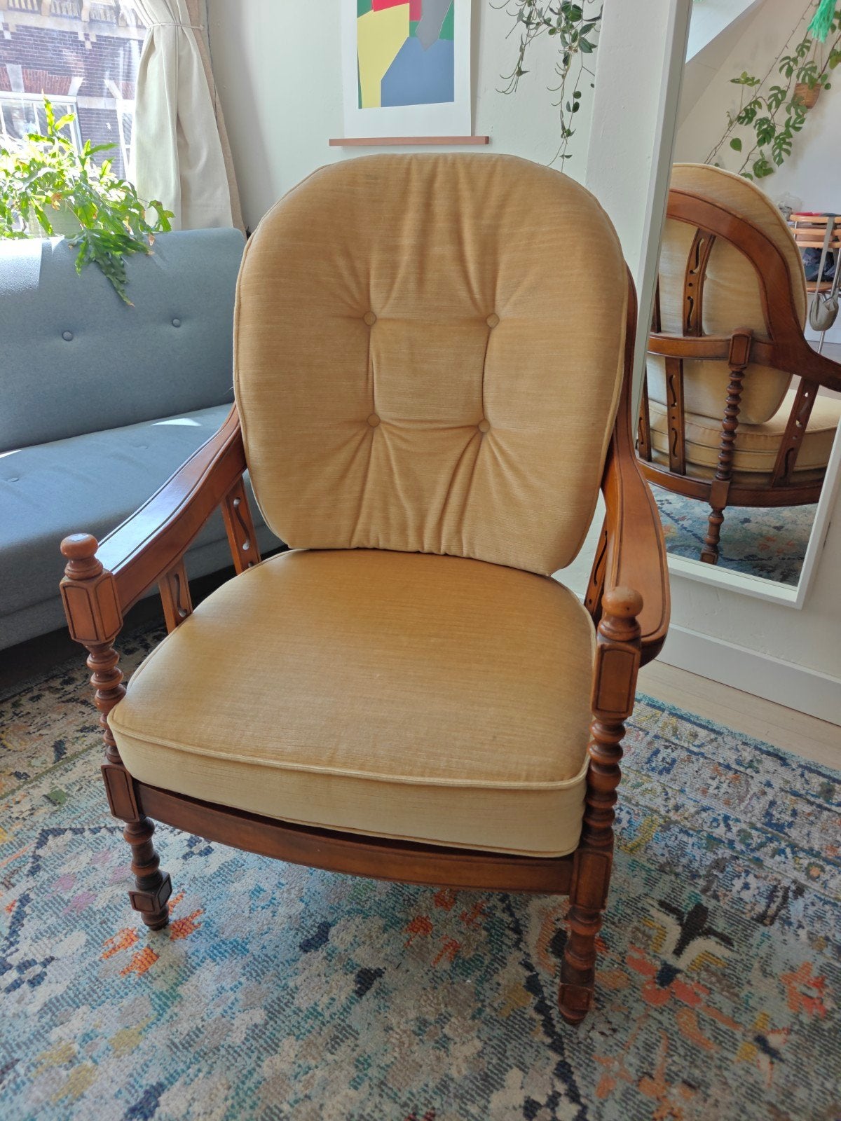 vintage houten fauteuil met gele kussens, Huis en Inrichting, Fauteuils, Minder dan 75 cm, Ophalen of Verzenden, Zo goed als nieuw