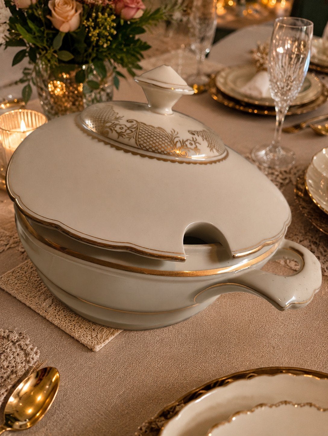 Vintage Bavaria Porseleinen Soepterrine - Crème/Goud, Ophalen of Verzenden