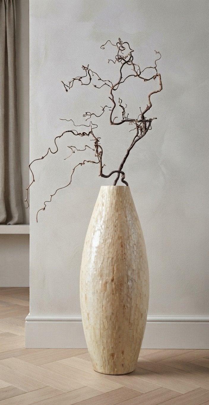 Parelmoer capiz schelpen vloervaas vaas, Ophalen, Beige, Natuurlijk materiaal, Zo goed als nieuw