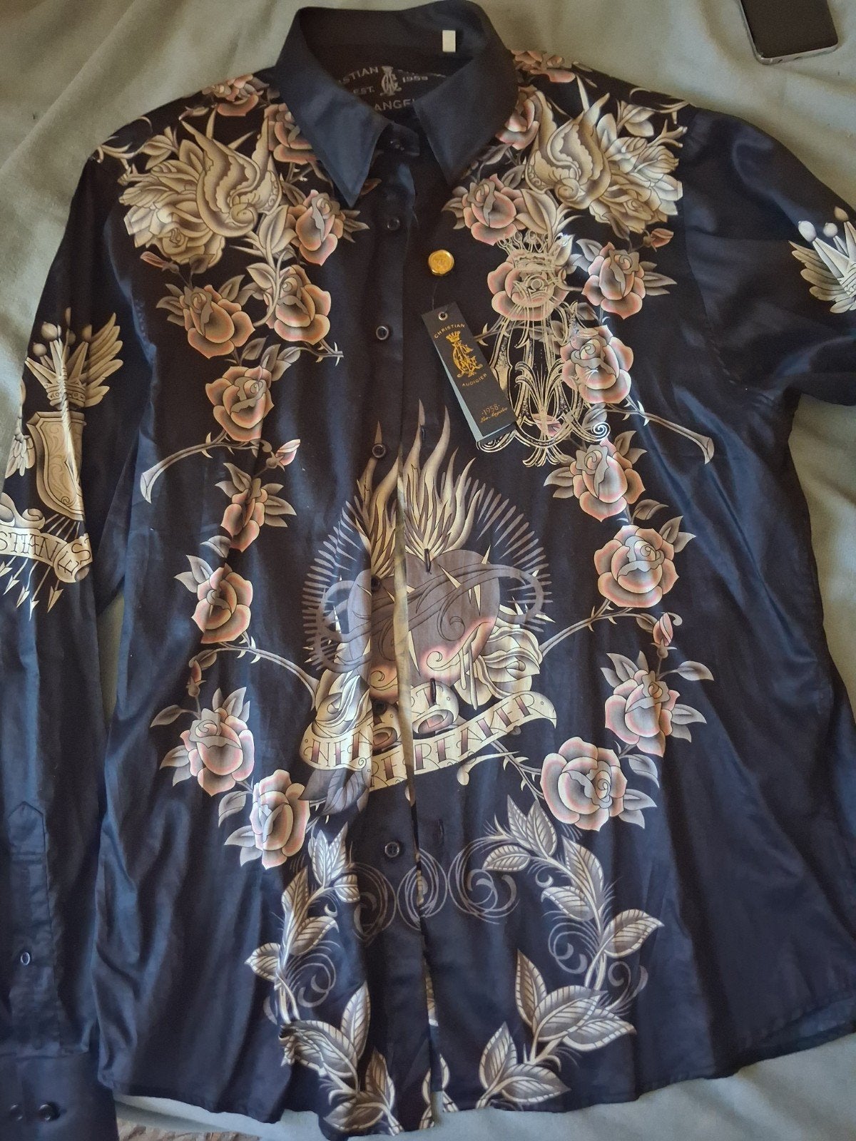 Christian Audigier overhemd met tatoeageprint - Maat L, Zwart, Ophalen of Verzenden, Halswijdte 41/42 (L), Christian Audigier