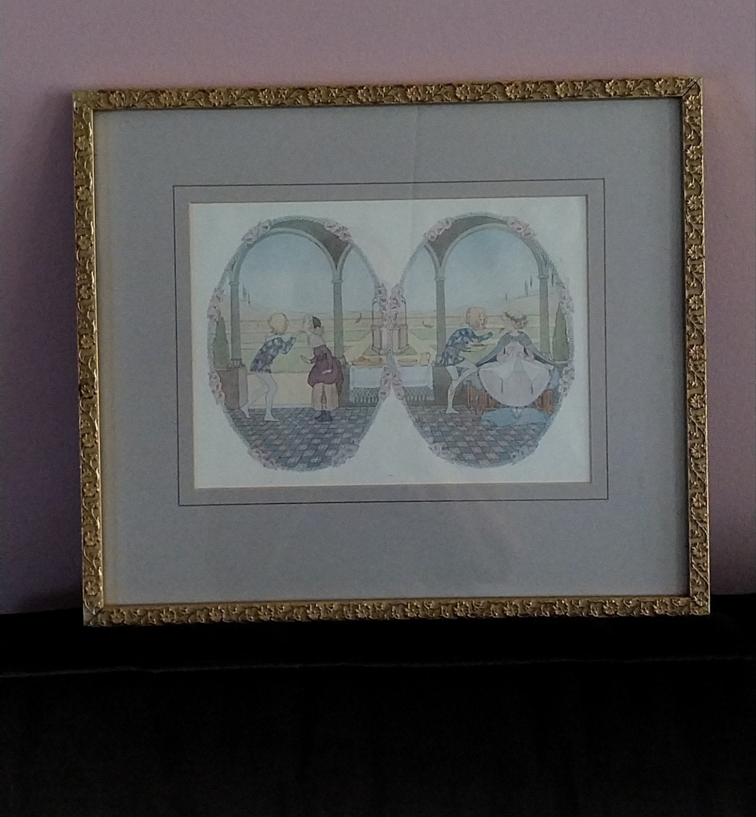 Vintage Harrods Print: Romantische Scène in Gouden Lijst, Ophalen of Verzenden