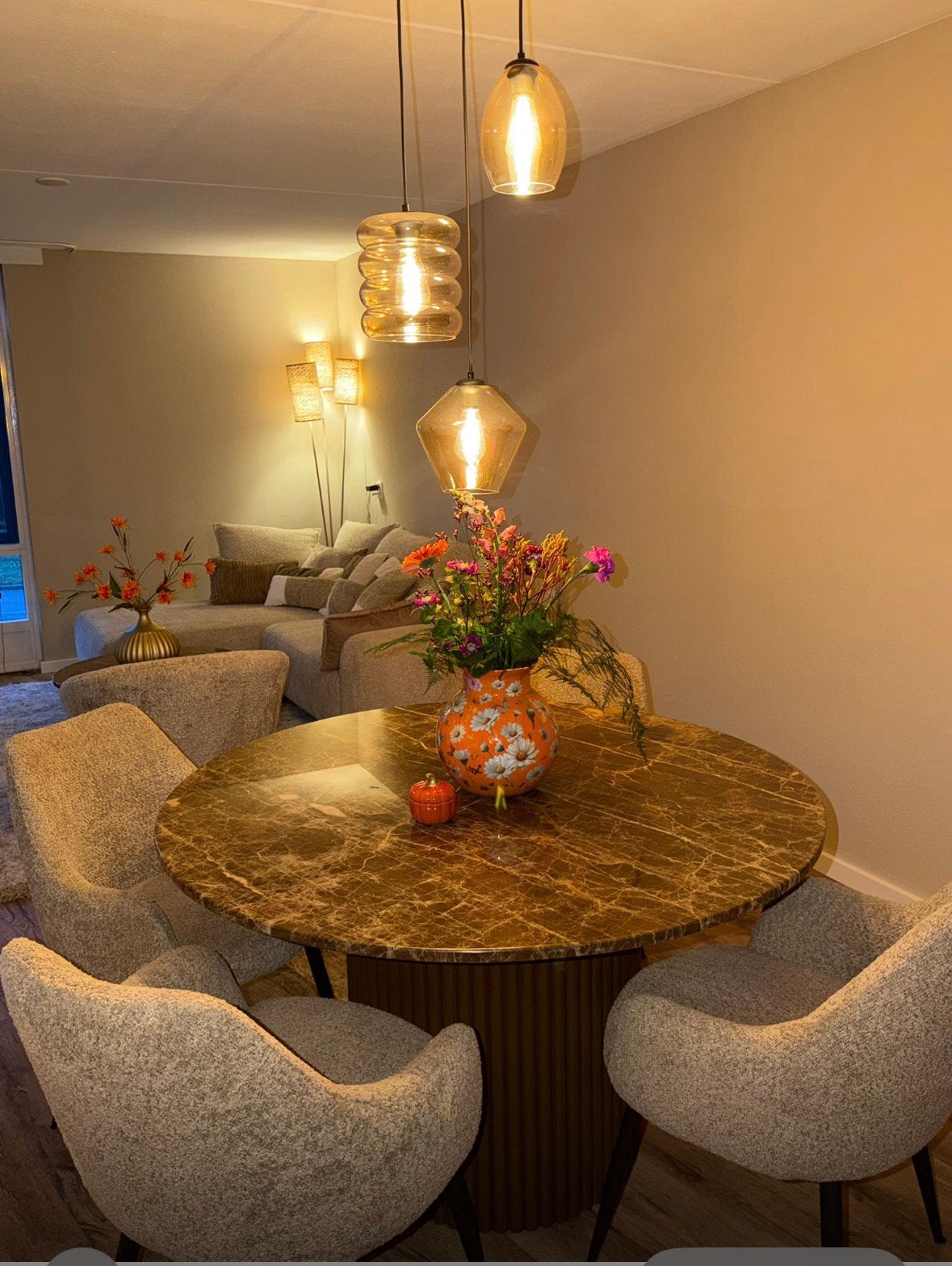 Luxe set eettafel & salontafel – Emperador marmer, Ophalen, Nieuw, Rond, 100 tot 150 cm