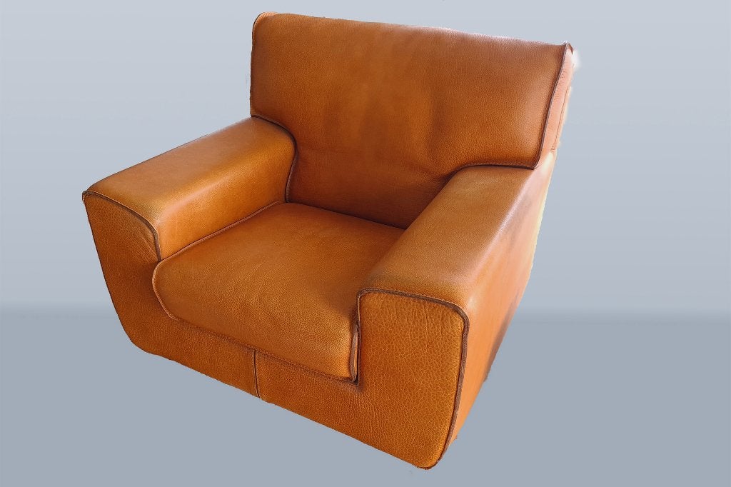 Clubfauteuil bruin/cognac nekleer Roche Bobois Frankrijk, Mid Cenntury Modern, 75 tot 100 cm, Ophalen of Verzenden, Zo goed als nieuw
