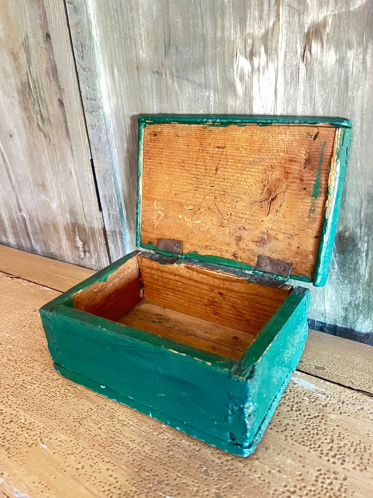 Stoer oud houten kistje brocante groen antiek opbergkistje, Ophalen of Verzenden