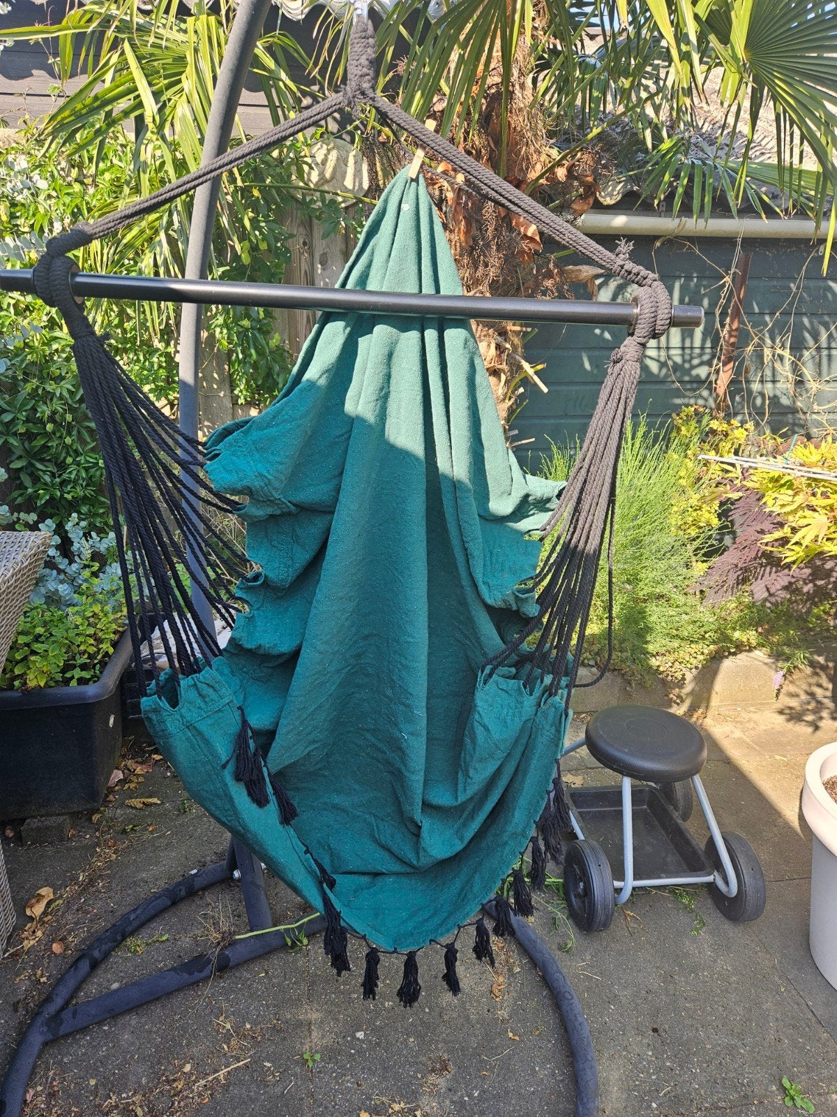 2 x een Hangstoel Groen stof groot en grijs / zwart wit, Tuin en Terras, Ophalen, Gebruikt, Eenpersoons, Binnen