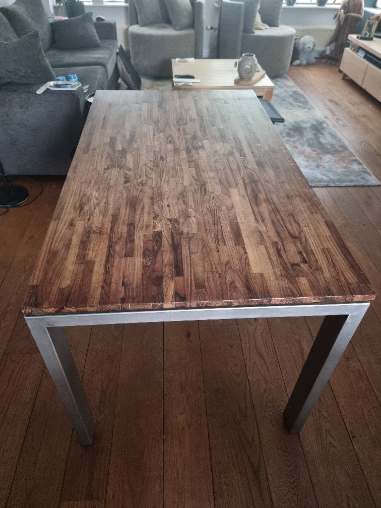 Eettafel hout, met RVS onderstel 140 x 80, Ophalen, 100 tot 150 cm, Metaal, 50 tot 100 cm