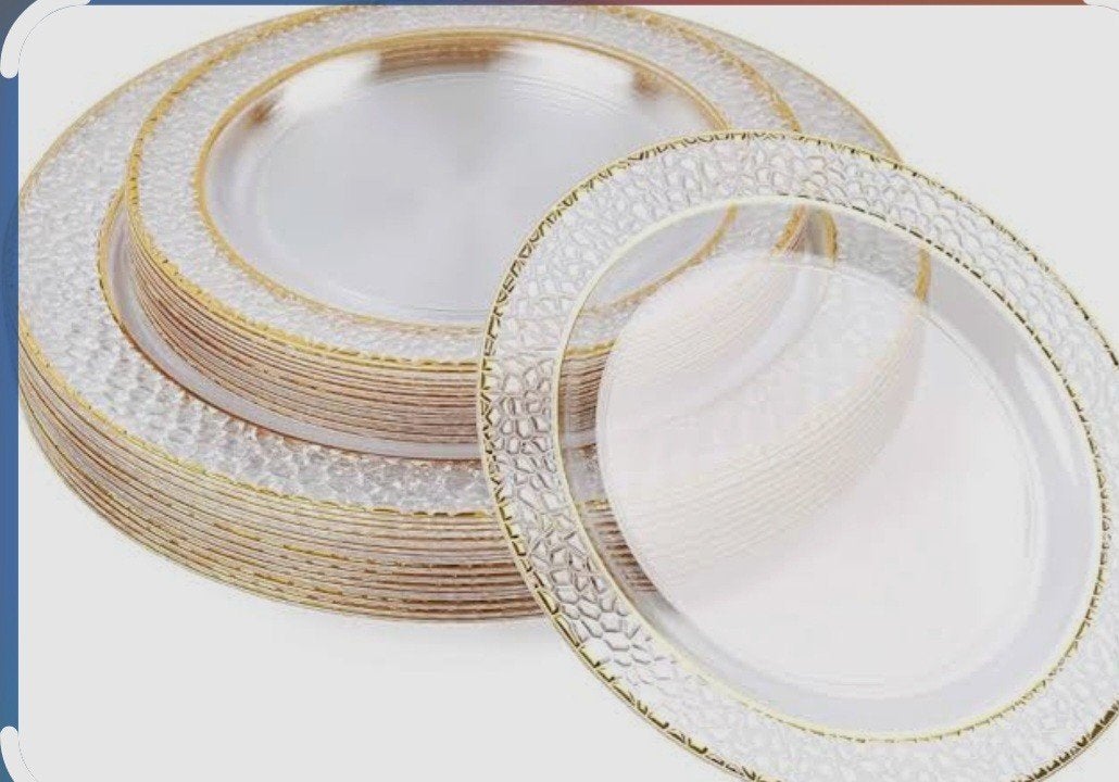 Nieuwe herbruikbare plastic borden met gouden rand (26cm), Huis en Inrichting, Kunststof, Verzenden, Nieuw, Bord(en)