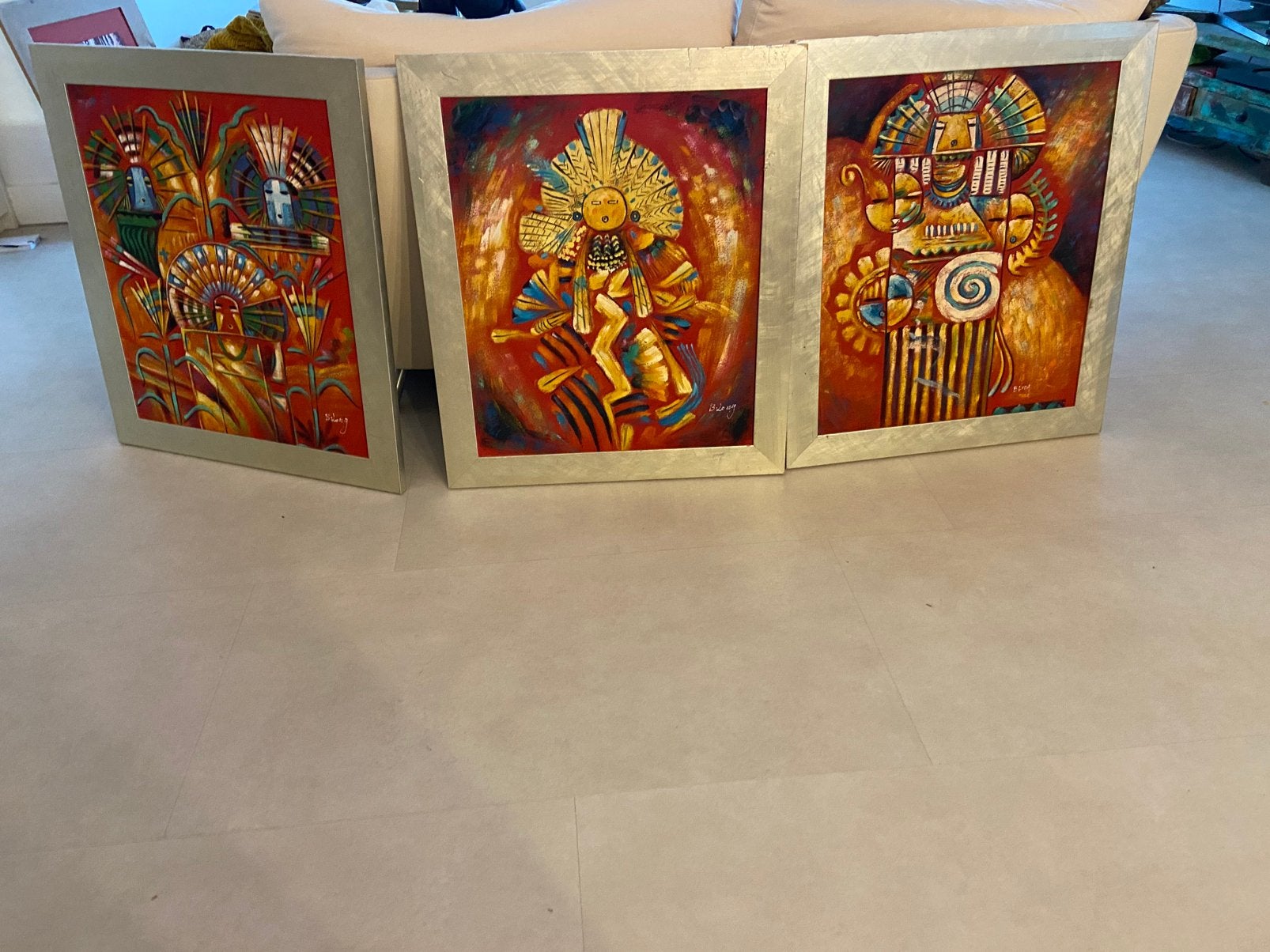 Schilderijen Maya azteken rood in champagne lijst, Antiek en Kunst, Ophalen of Verzenden