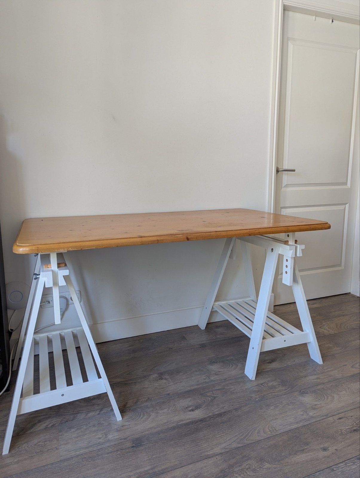 Houten bureau/eettafel met IKEA schragen, Ophalen, Gebruikt, 50 tot 100 cm, Grenenhout