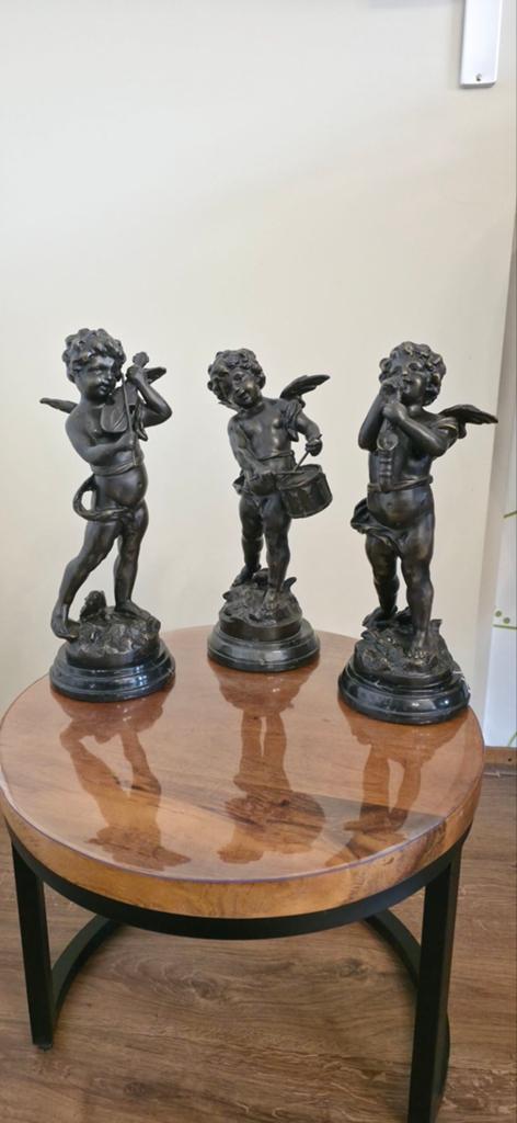 Unieke & Complete Set van 3 Bronzen Beelden - Musicerende En, Ophalen, Overige onderwerpen, 20 - 50 cm, Beeld