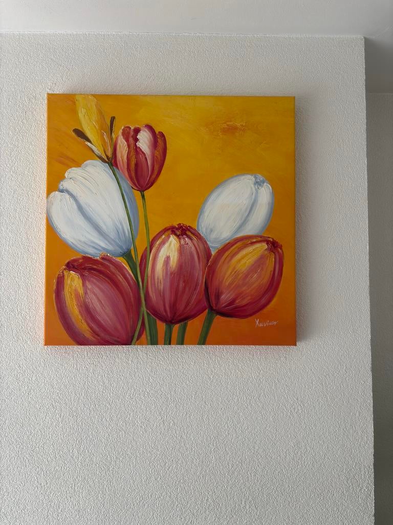 Schilderij met tulpen, gesigneerd Xavier, Huis en Inrichting, Ophalen, Zo goed als nieuw, 50 tot 75 cm, Schilderij