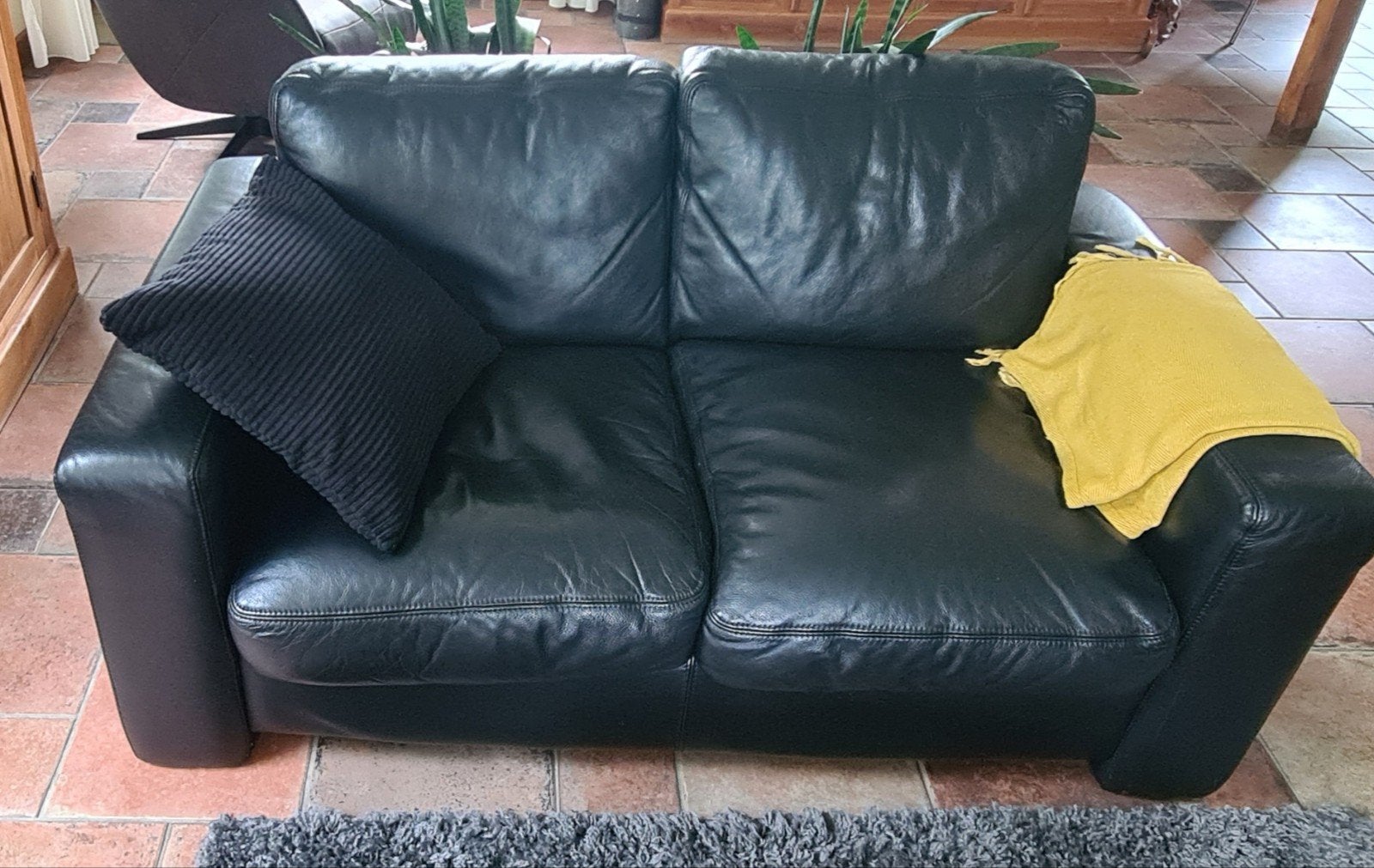 Zwart leren bankstel, gratis, Ophalen, Gebruikt, Overige maten, Rechte bank