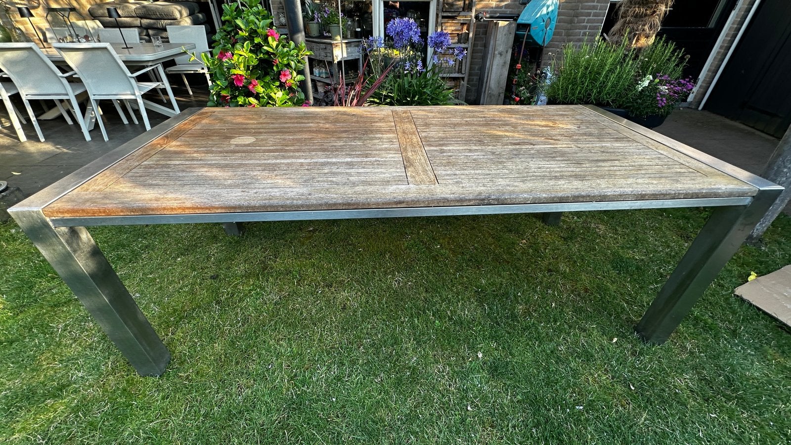RVS tuintafel met houten blad 216x100x77cm, Tuin en Terras, Tuintafels, Ophalen, Gebruikt, Rechthoekig, Rvs