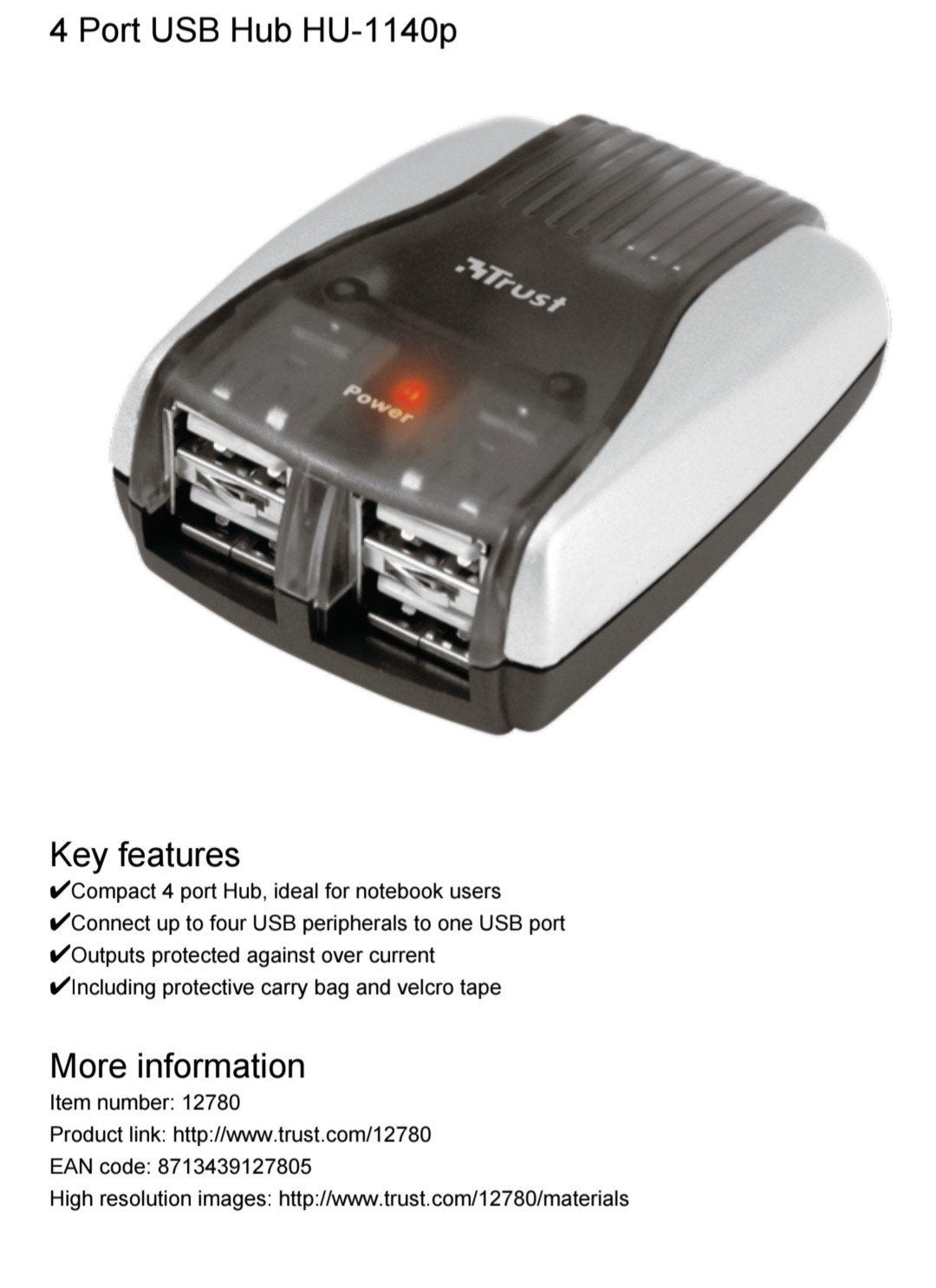 Trust 4 Port USB Hub HU-1140p Nieuw, Ophalen of Verzenden, Trust