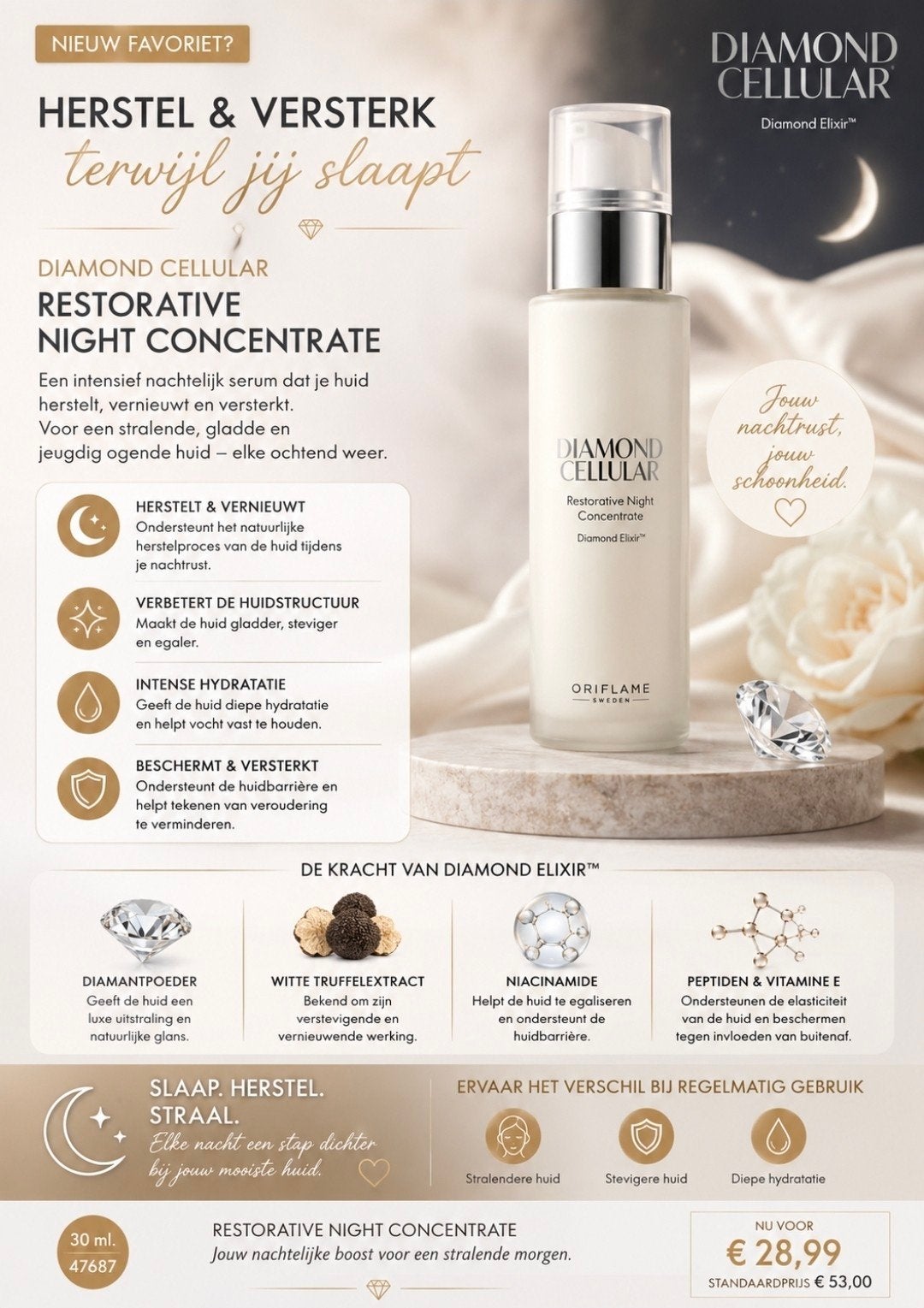 Oriflame Diamond Cellular Nachtconcentraat 30ml, Ophalen of Verzenden