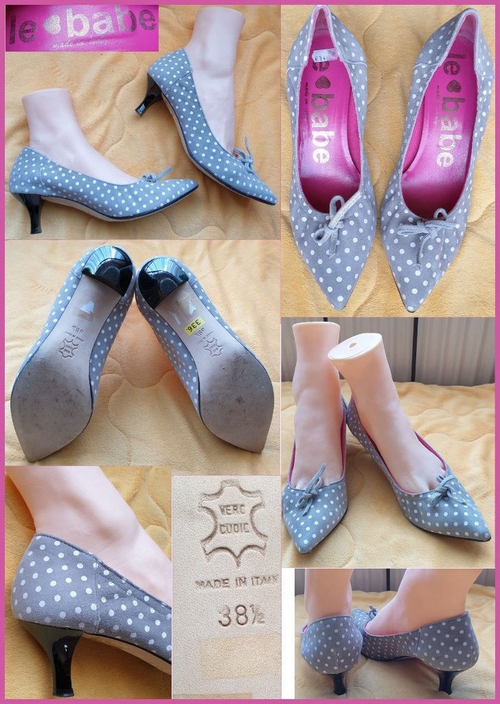 LE BABE grijze leren pumps met witte stippen mt 38,5, Pumps, LE BABE, Ophalen of Verzenden, Zo goed als nieuw