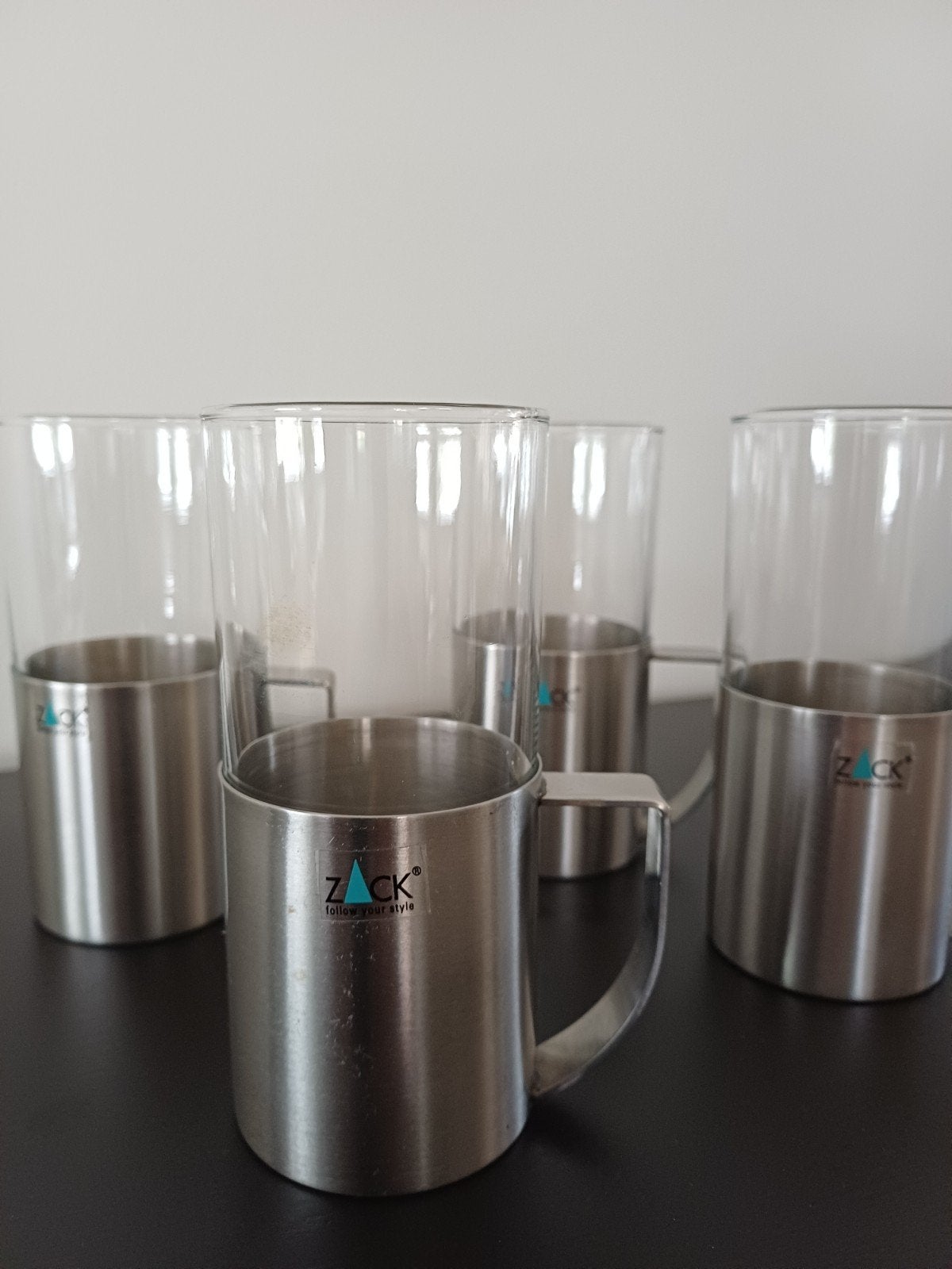 4 Zack RVS design theeglazen 14cm hoog (uit te breiden), Ophalen of Verzenden, Zo goed als nieuw