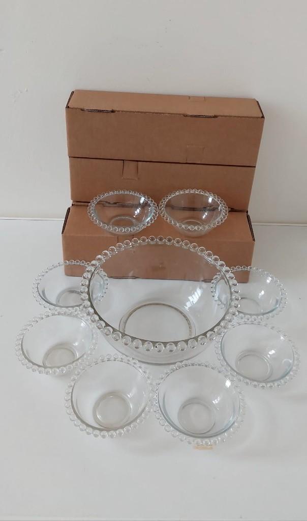 Vintage glazen desserts compote set  bolletjesrand 8-delig, Glas of Glazen, Eu, Eu, Ophalen of Verzenden