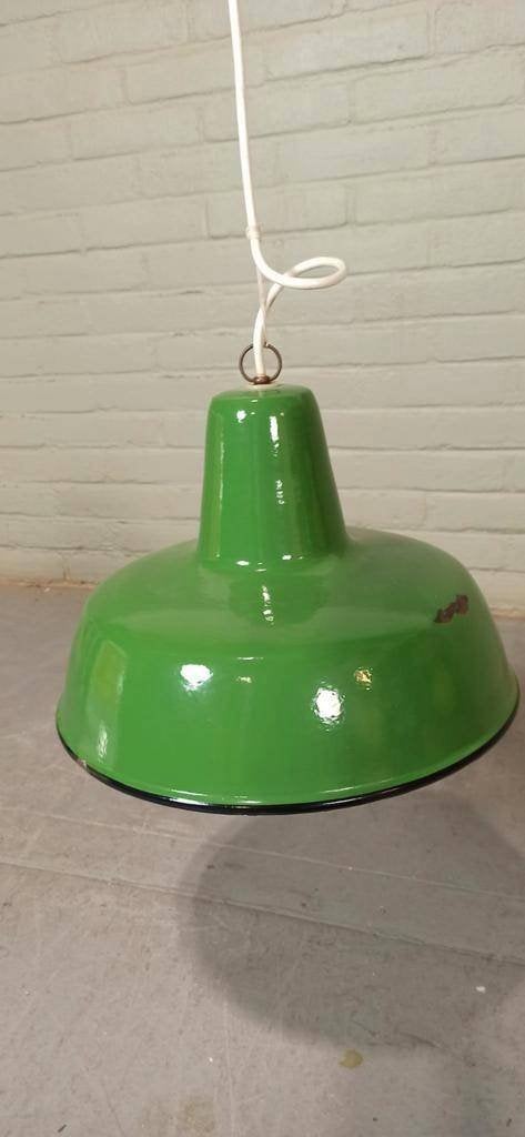 Vintage Emaille Industriële Hanglamp, Groen, Tweedehands, Tweedehands, Ophalen of Verzenden, Metaal