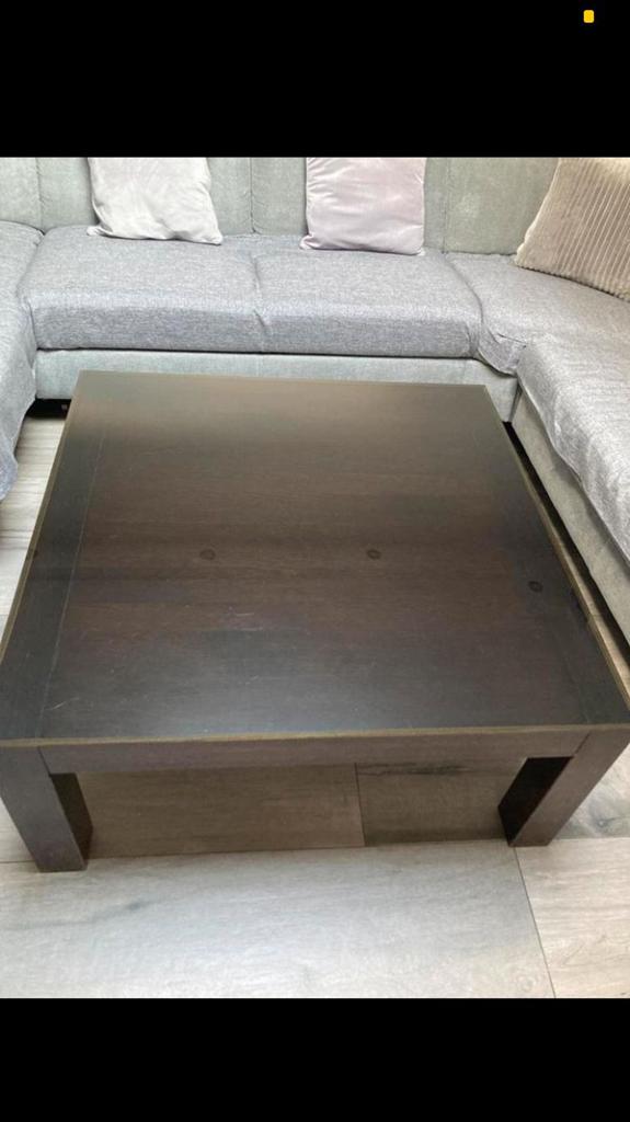 Eiken salontafel met glazen blad, 100x100 cm, Ophalen, Gebruikt, 50 tot 75 cm, 100 tot 150 cm