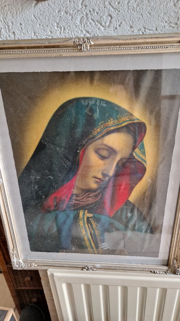 antieke religie prent maria in oude lijst ., Ophalen of Verzenden