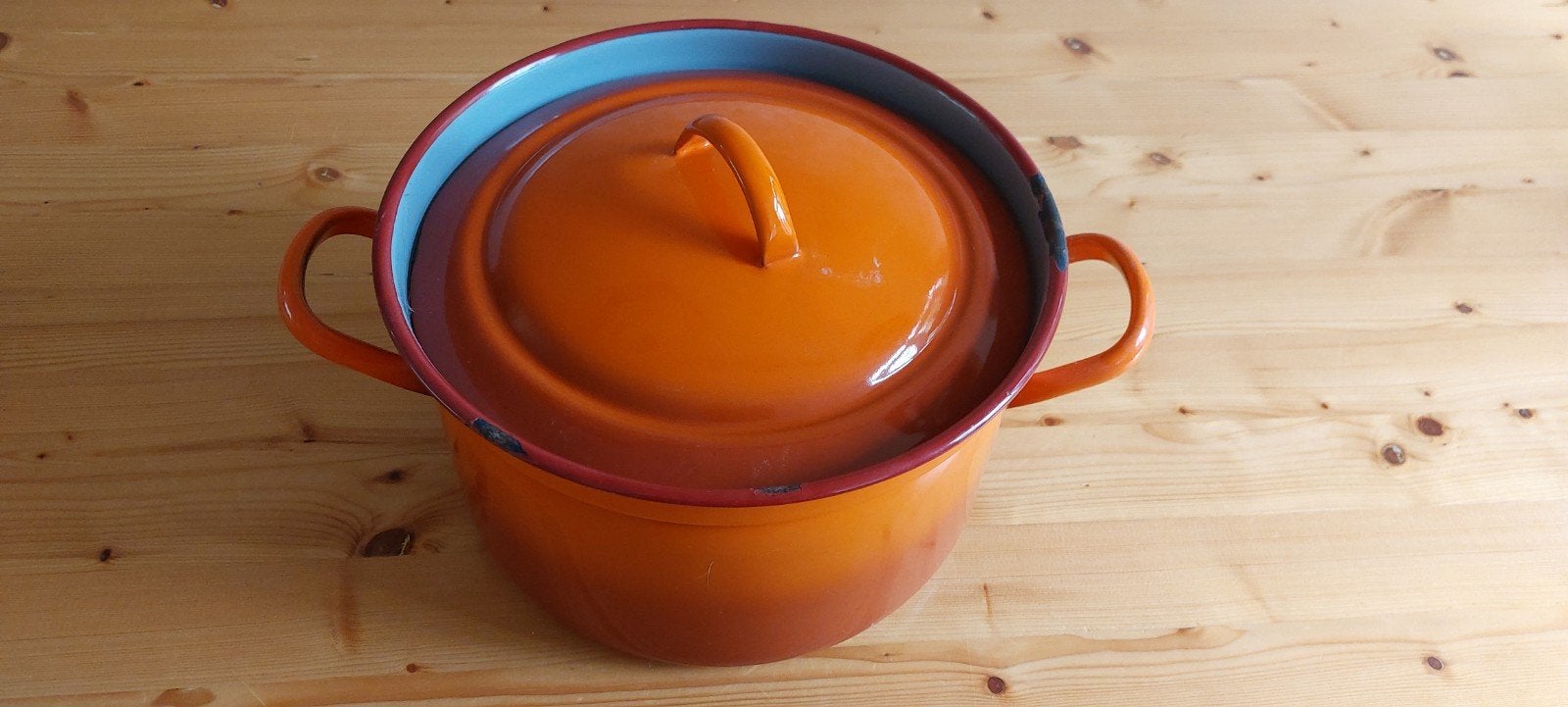 Vintage Oranje Emaille Pan met Deksel, Ophalen
