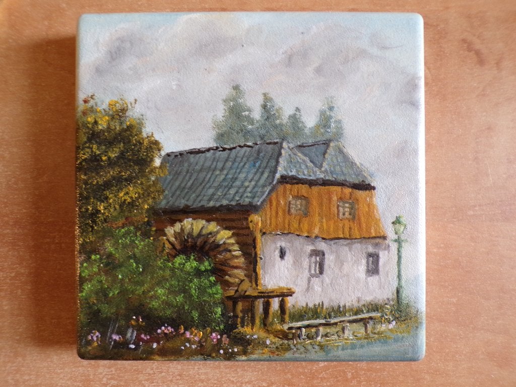 mini-schilderij (11 x 11 cm.) Genneper watermolen, Eindhoven, Ophalen of Verzenden