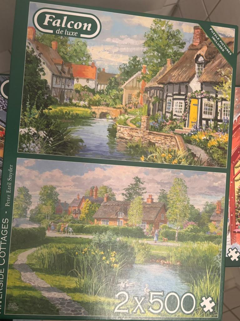 Falcon de luxe Legpuzzel Riverside Cottages 2x500 stukjes, Ophalen of Verzenden, 500 t/m 1500 stukjes, Gebruikt, Legpuzzel