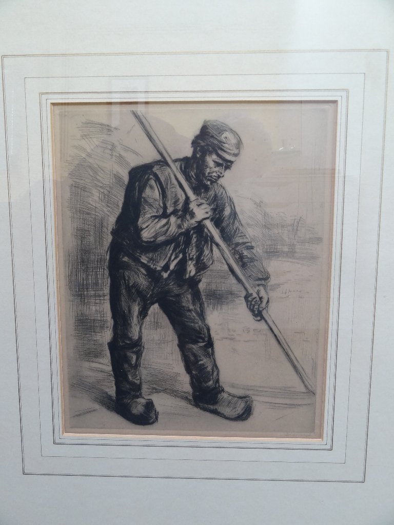 ets man op klompen die baggert met een stok, W. Dingemans, Antiek en Kunst, Ets, Portret, Ophalen of Verzenden, Origineel