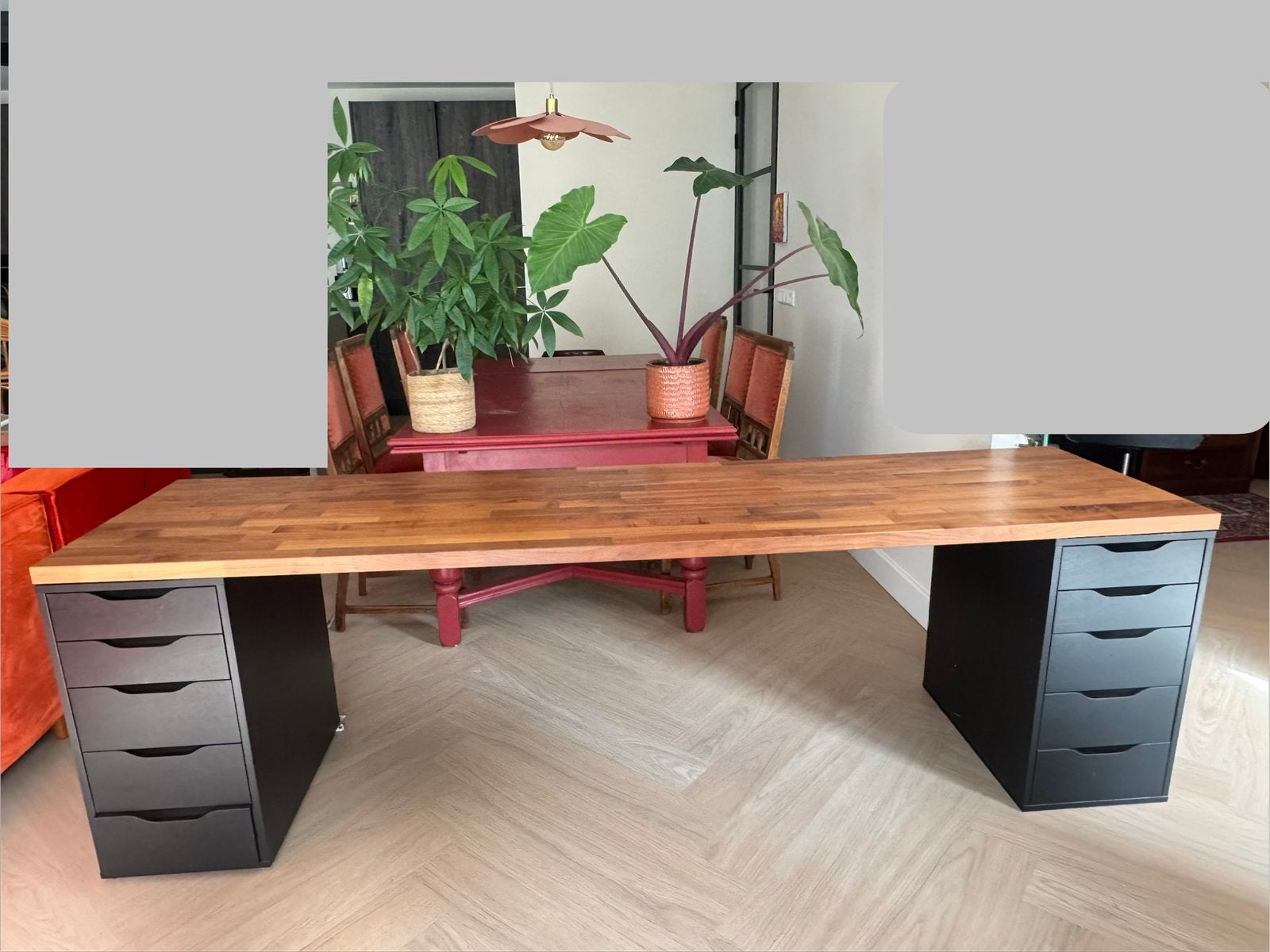 Werk/Studeer bureau 246cm lang met IKEA ALEX ladekast x2, Ophalen, Hout, 246 cm, Kabelgoot