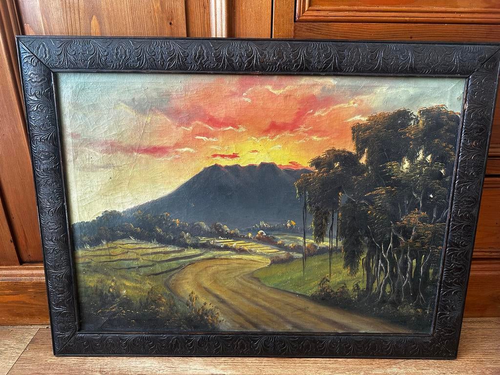 Olieverfschilderij: Tropisch Landschap met Zonsondergang, Ophalen of Verzenden