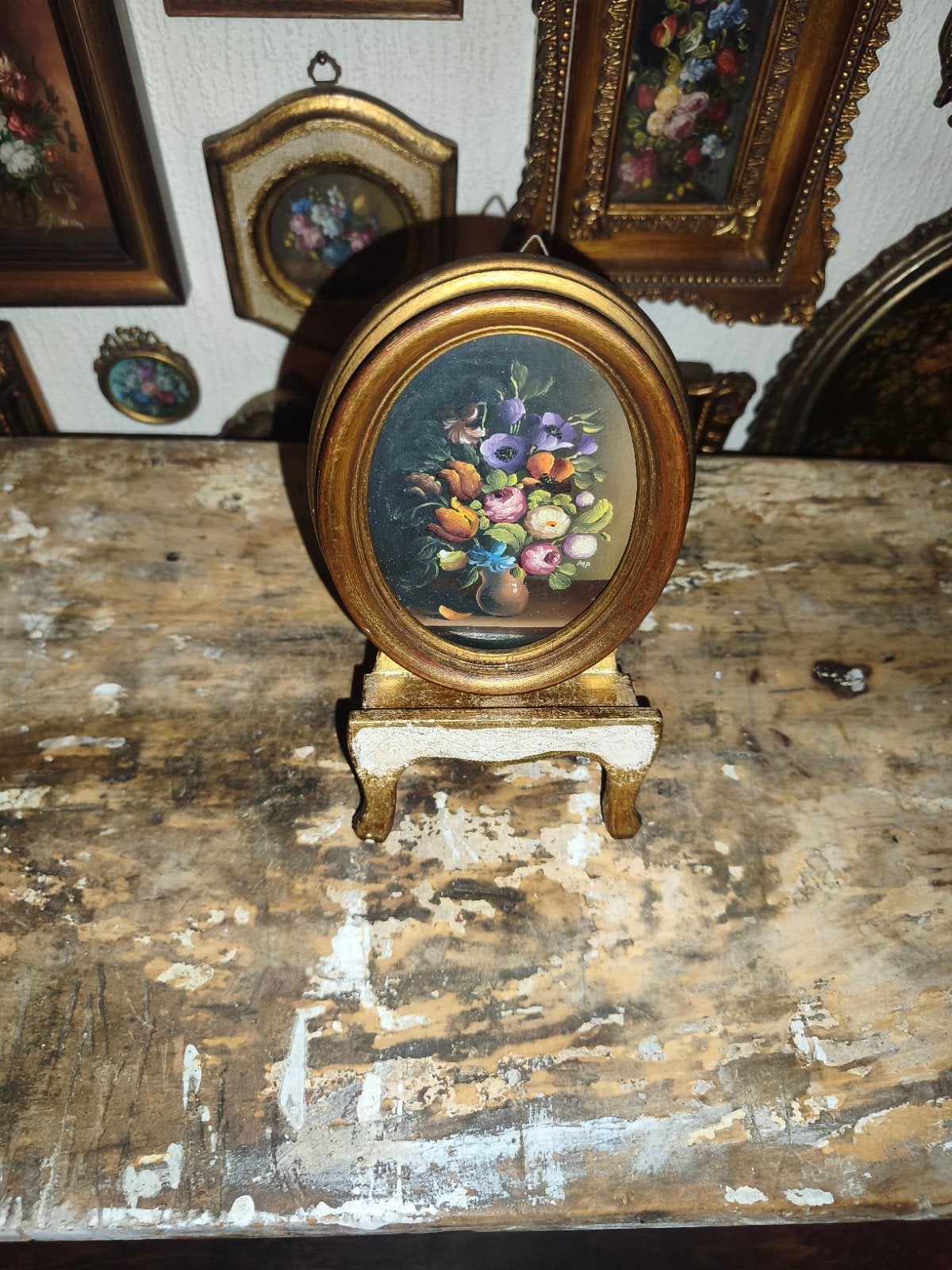 oud schilderijtje schilderij lijst stilleven bloemen P66, Antiek en Kunst, Ophalen of Verzenden