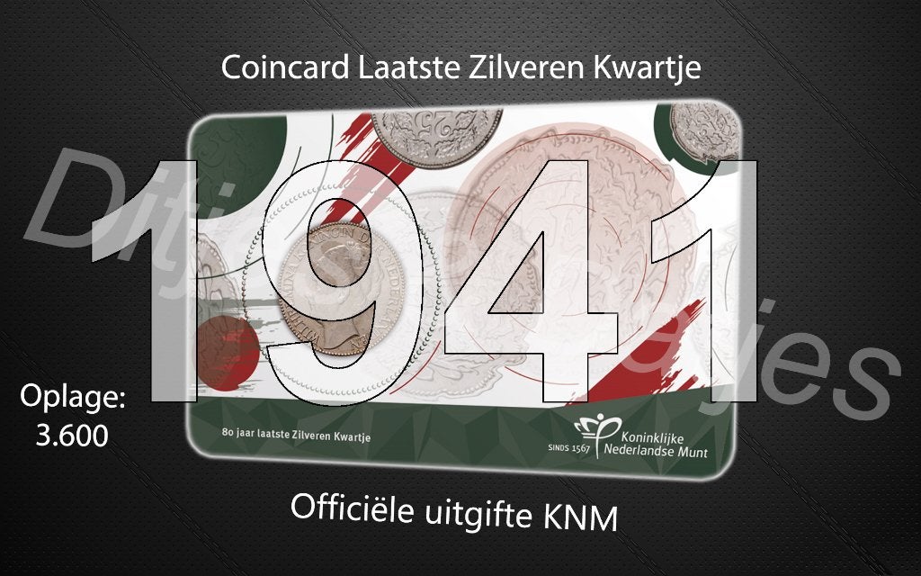 Laatste Zilveren kwartje in coincard KNM 1941 DM, Ophalen of Verzenden, Koningin Wilhelmina, 25 cent, Zilver